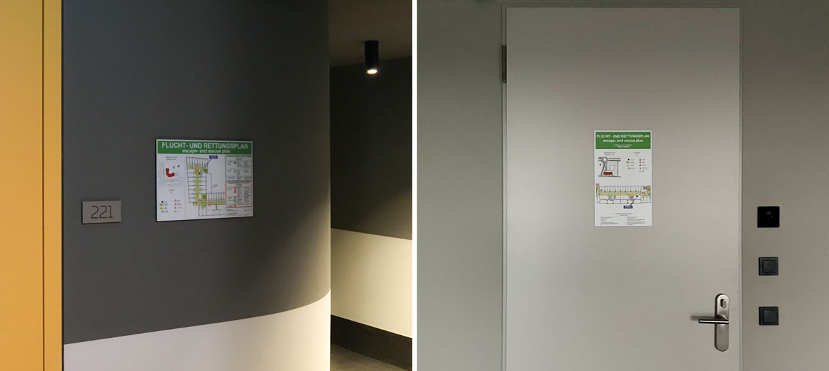 Flucht-und-Rettungspläne-Platzierung Stadtteilschule Bramfeld Aussenbeschilderung Exterior Wandschild Wegeleitsystem