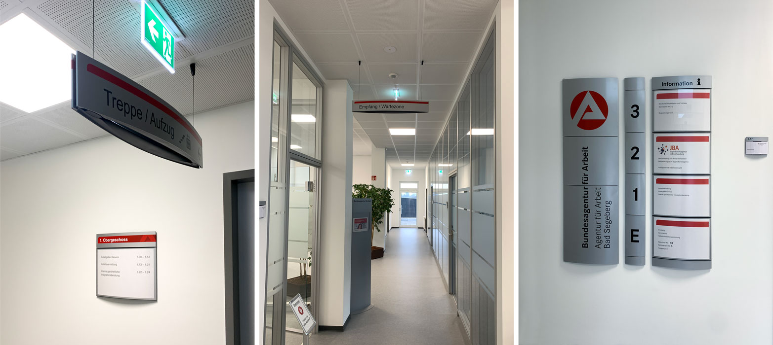 Modulex-Interior-Leitsystem-Bundesagentur-fuer-Arbeit Stadtteilschule Bramfeld Aussenbeschilderung Exterior Wandschild Wegeleitsystem