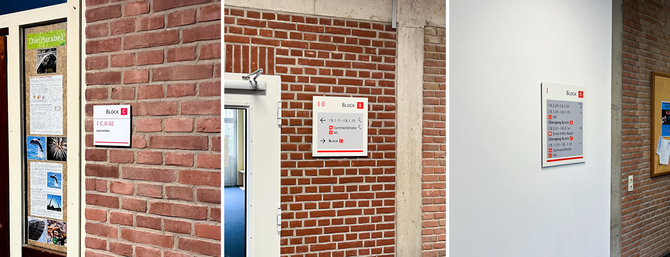 BBZ-Plön-Innenleitsystem-Wandschilder+Tuerbeschilderung Stadtteilschule Bramfeld Aussenbeschilderung Exterior Wandschild Wegeleitsystem