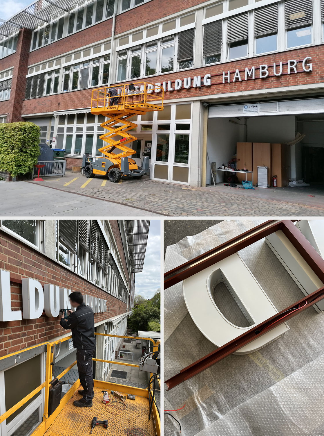 Jugendbildung-Hamburg-Instalation-der-Leuchtwerbeanlage Stadtteilschule Bramfeld Aussenbeschilderung Exterior Wandschild Wegeleitsystem