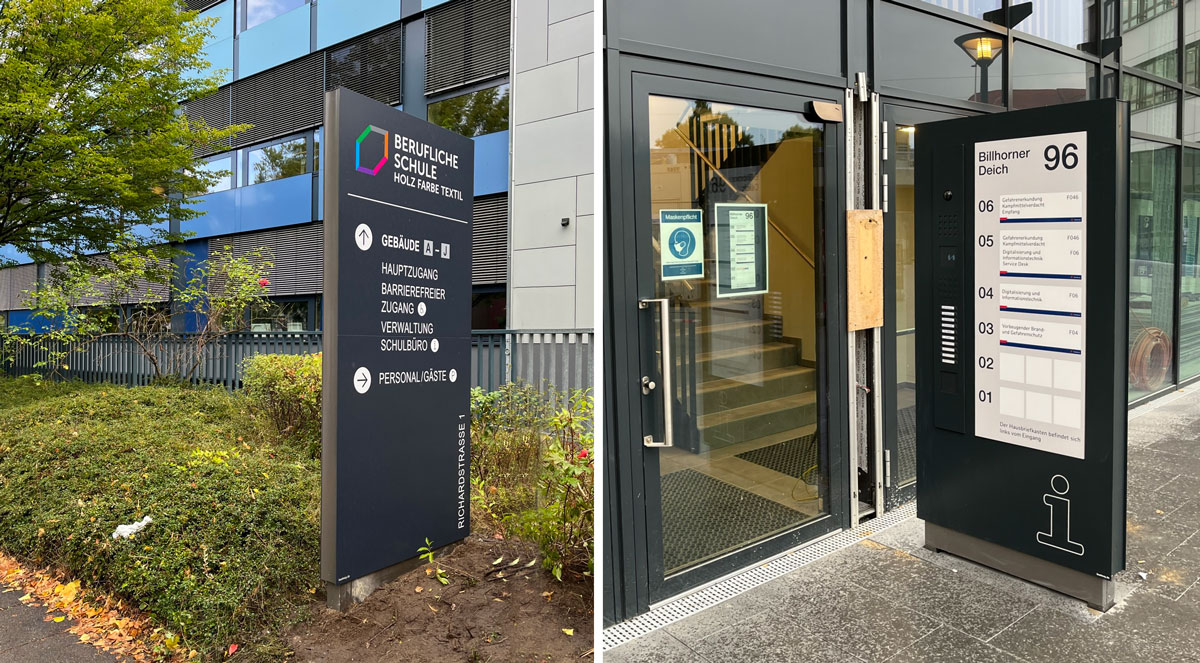 Stadtteilschule Bramfeld Aussenbeschilderung Exterior Wandschild Wegeleitsystem