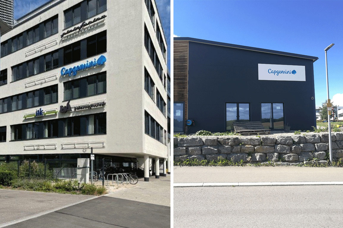 CapGemini-rebranding-Altran-Leitsystem-Fassadenbeschriftung Stadtteilschule Bramfeld Aussenbeschilderung Exterior Wandschild Wegeleitsystem