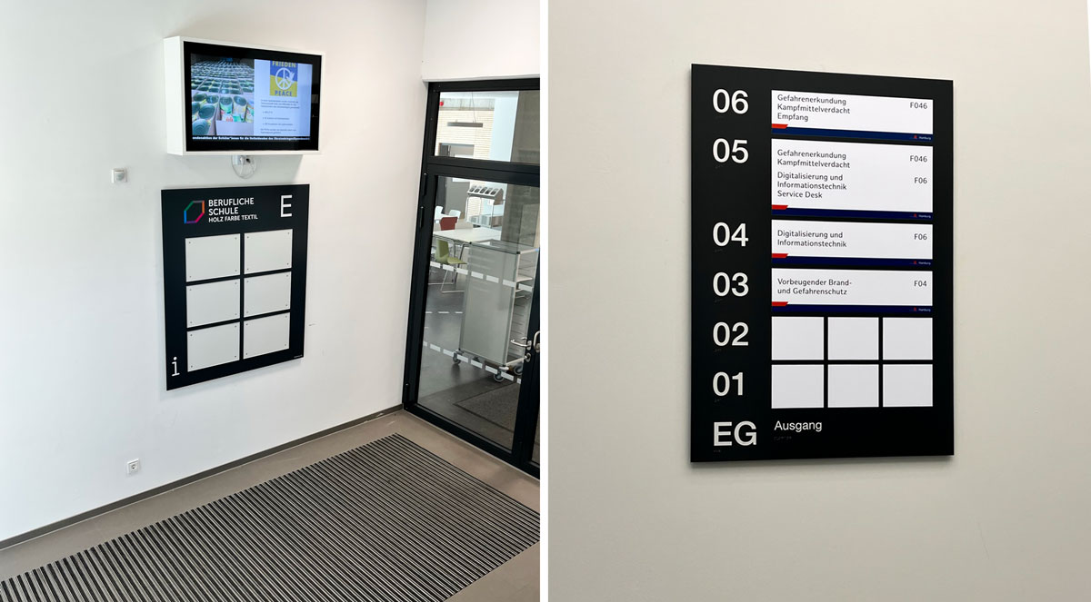 Stadtteilschule Bramfeld Aussenbeschilderung Exterior Wandschild Wegeleitsystem