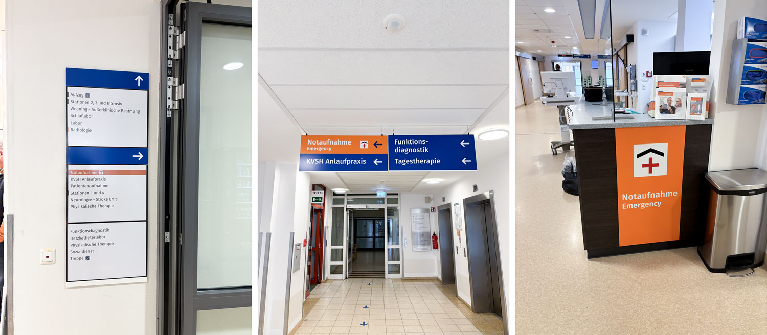AMEOS-Klinikum-Oldenburg-Notaufnahme-Innenbeschilderung Taktile Handlaufschilder, die auf dem Treppengelände angebracht sind