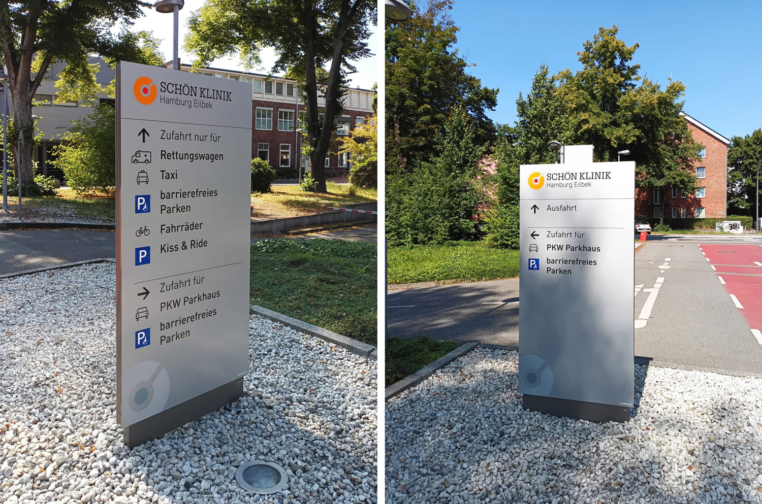 Schöne-Klinik-Außenleitsystem-Aktualisierung Taktile Handlaufschilder, die auf dem Treppengelände angebracht sind
