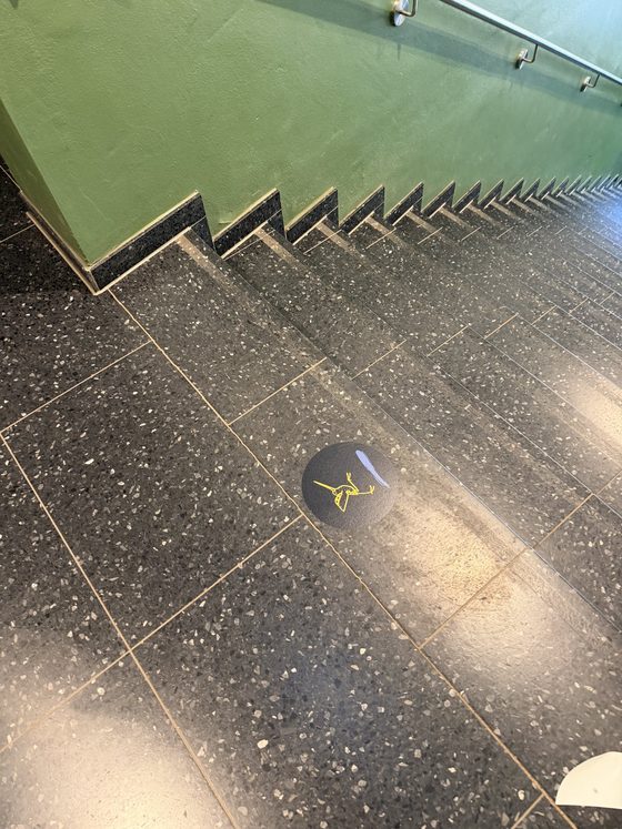 Dunkle Terrazzo-Treppe, am Antritt eine runde Bodenfolie mit gelber Bekassine