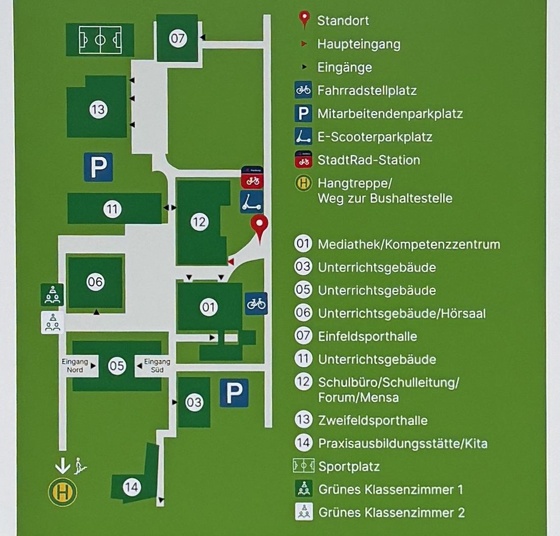 Lageplan der Beruflichen Schule Harburg vom Monolithen: Gebäude 01 bis 14 als grüne Flächen mit Nummern, Wege, Parkplätze, Haltestelle unten links, rechts die Legende