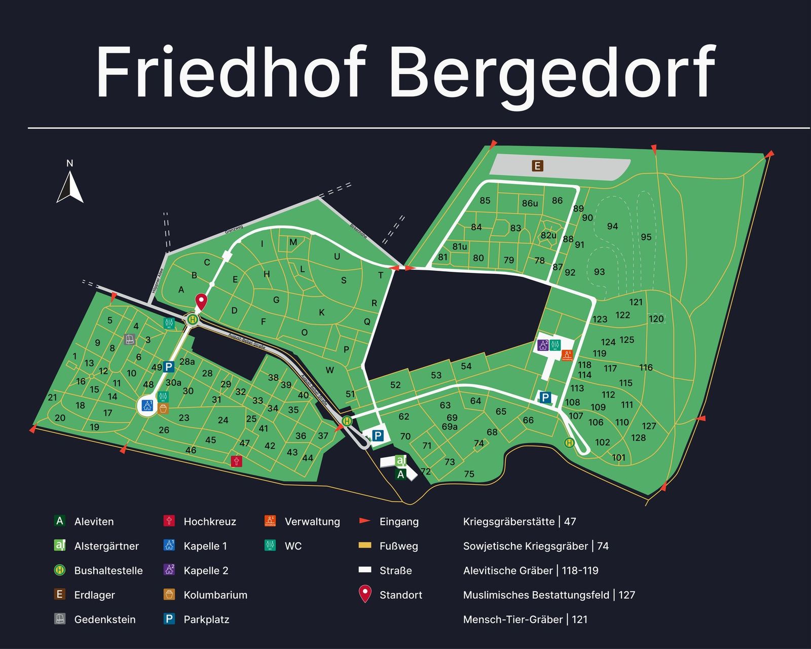 Lageplan Friedhof Bergedorf auf schwarzblauem Grund: grüne Flächen mit allen Grabfeldern von A bis W und 1 bis 128, weiße Straßen, gelbe Fußwege, Symbole für Kapellen, Kolumbarium, Verwaltung, WC, Parkplätze, Bushaltestellen und Eingänge, unten die Legende mit den besonderen Feldern
