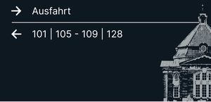 Wegweiser 8, Rückseite: Pfeil → Ausfahrt; Pfeil ← 101, 105–109, 128