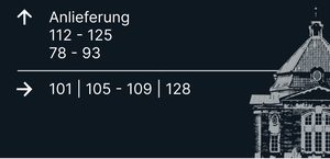 Wegweiser 8, Vorderseite: Pfeil ↑ Anlieferung, 112–125, 78–93; Pfeil → 101, 105–109, 128