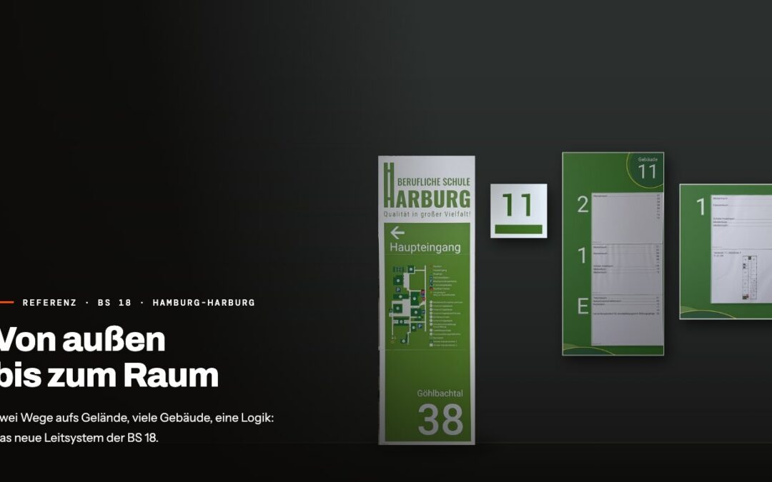 Titelbild Referenz BS 18 Hamburg-Harburg: Von außen bis zum Raum — Monolith mit Lageplan, Gebäudenummer 11, Hauptwegweiser und Geschosswegweiser freigestellt vor dunklem Grund