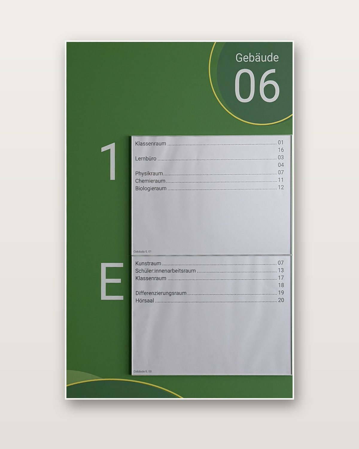 Hauptwegweiser Gebäude 06, freigestellt: Etagen 1 und E, unter anderem Physikraum, Kunstraum und Hörsaal