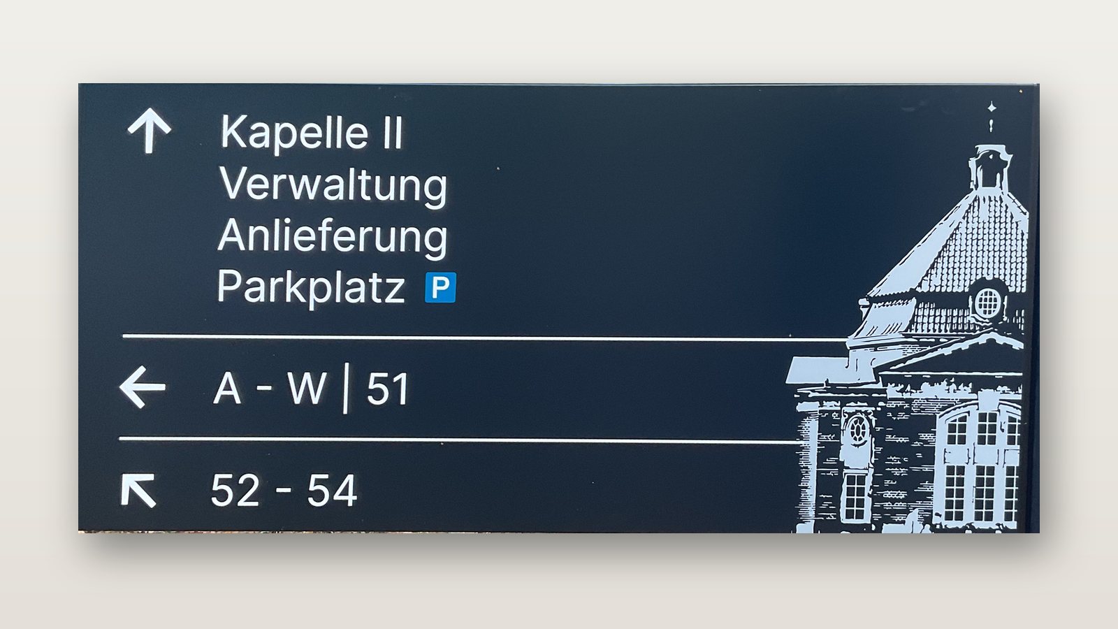 Wegweiser zu Kapelle II, Verwaltung und den Feldern A bis W